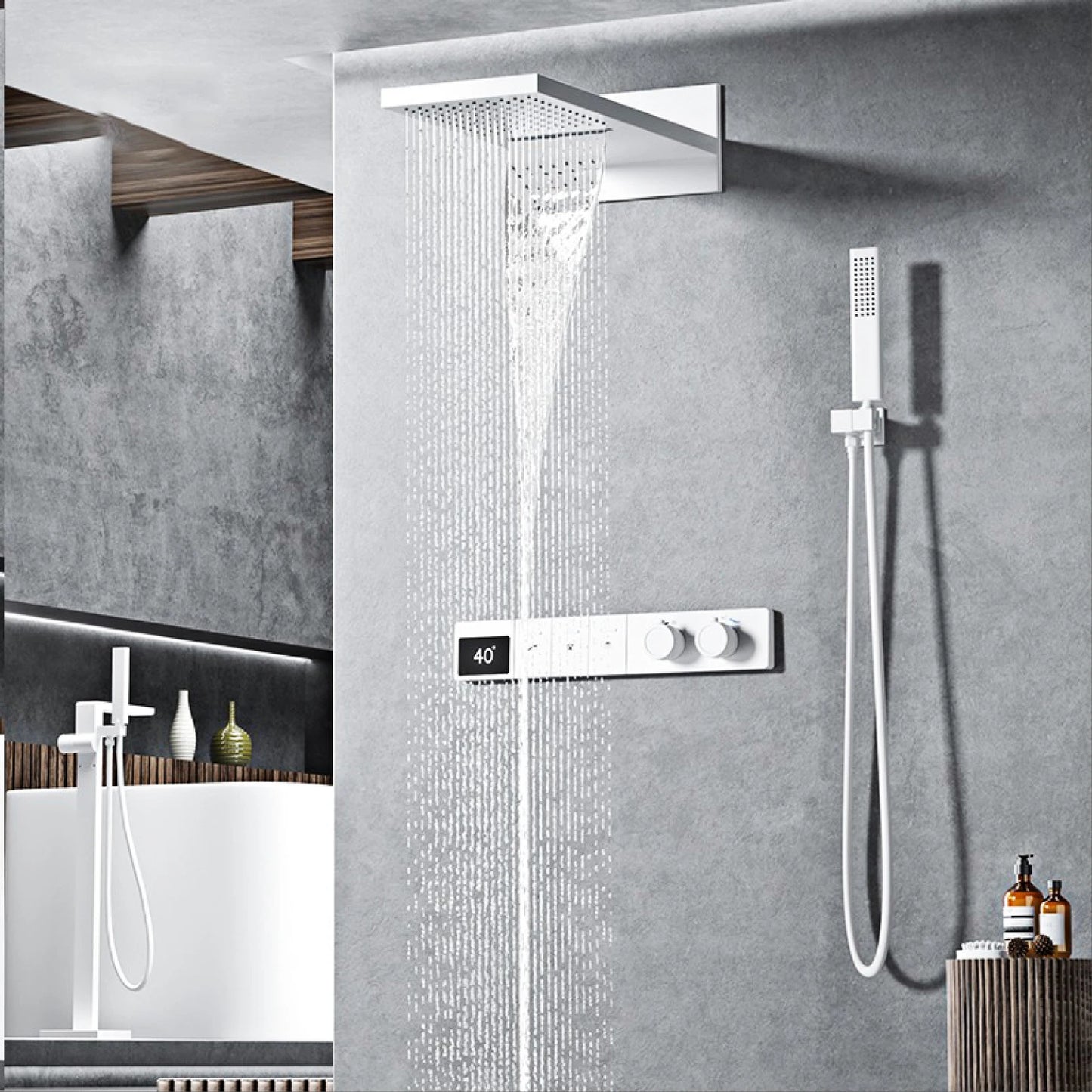 Luxury Gun Grey Brass Constant Wall Temperature Shower System LED Digital Display Cold & Hot Water Wall Mounted Bathroom faucet