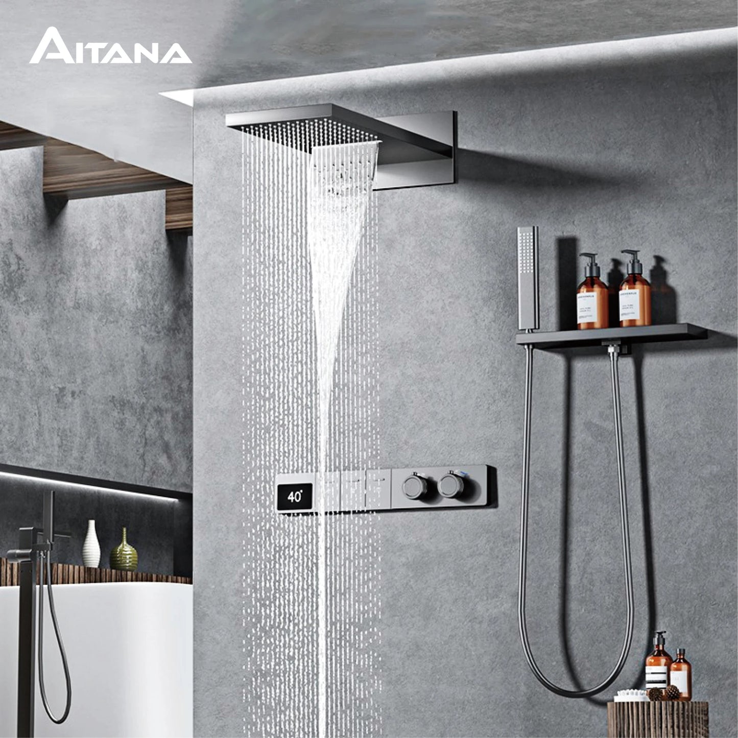 Luxury Gun Grey Brass Constant Wall Temperature Shower System LED Digital Display Cold & Hot Water Wall Mounted Bathroom faucet